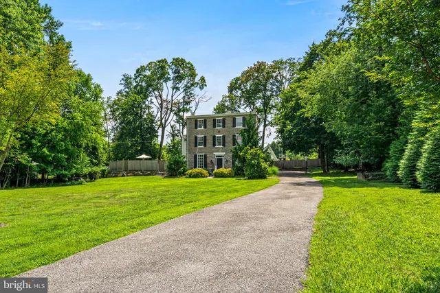 a view of a backyard with large trees