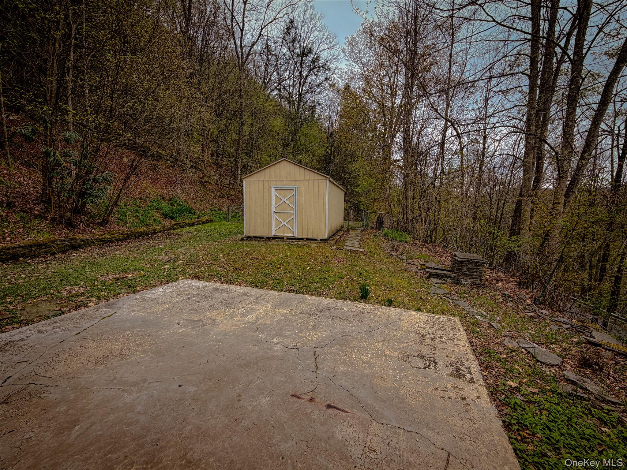 322 Peas Eddy Road Hancock, NY 13783 - Photo 2 of 7 Freestanding storage shed with double doors, set on a grassy expanse with mature trees