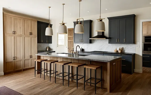 a kitchen with stainless steel appliances granite countertop a stove a sink a microwave a refrigerator and cabinets