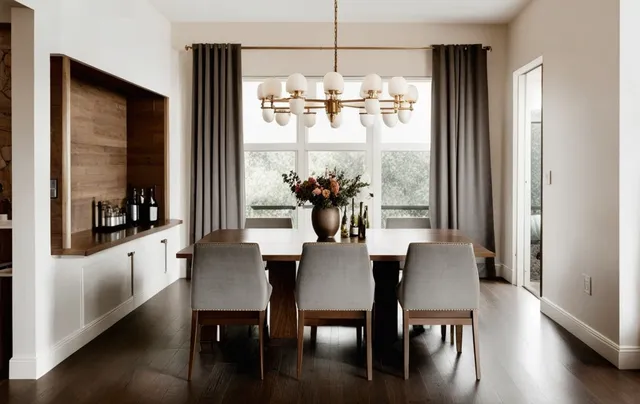 a dining room with furniture a chandelier and wooden floor