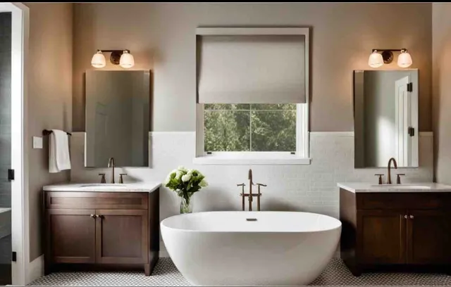 a bath room with a sink and a large mirror