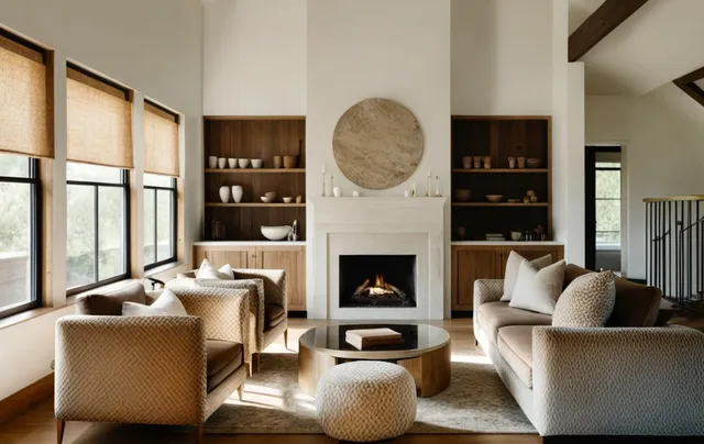 a living room with furniture fireplace and a large window