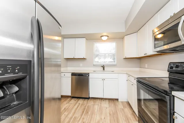 a kitchen with stainless steel appliances a stove a sink and a microwave