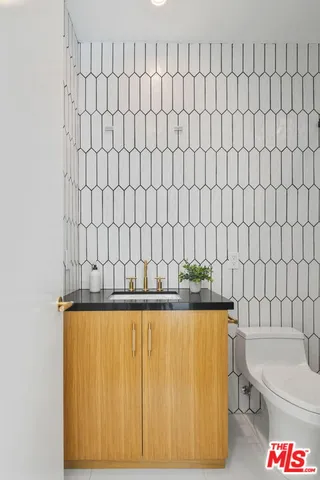 a bathroom with a shower curtain