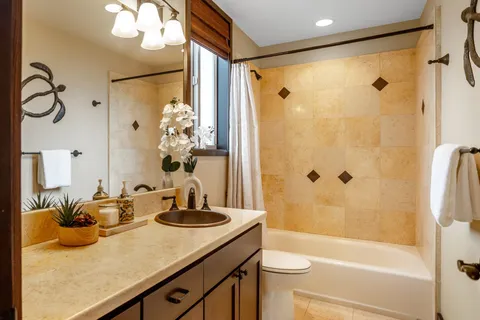 a bathroom with a granite countertop sink a toilet and shower