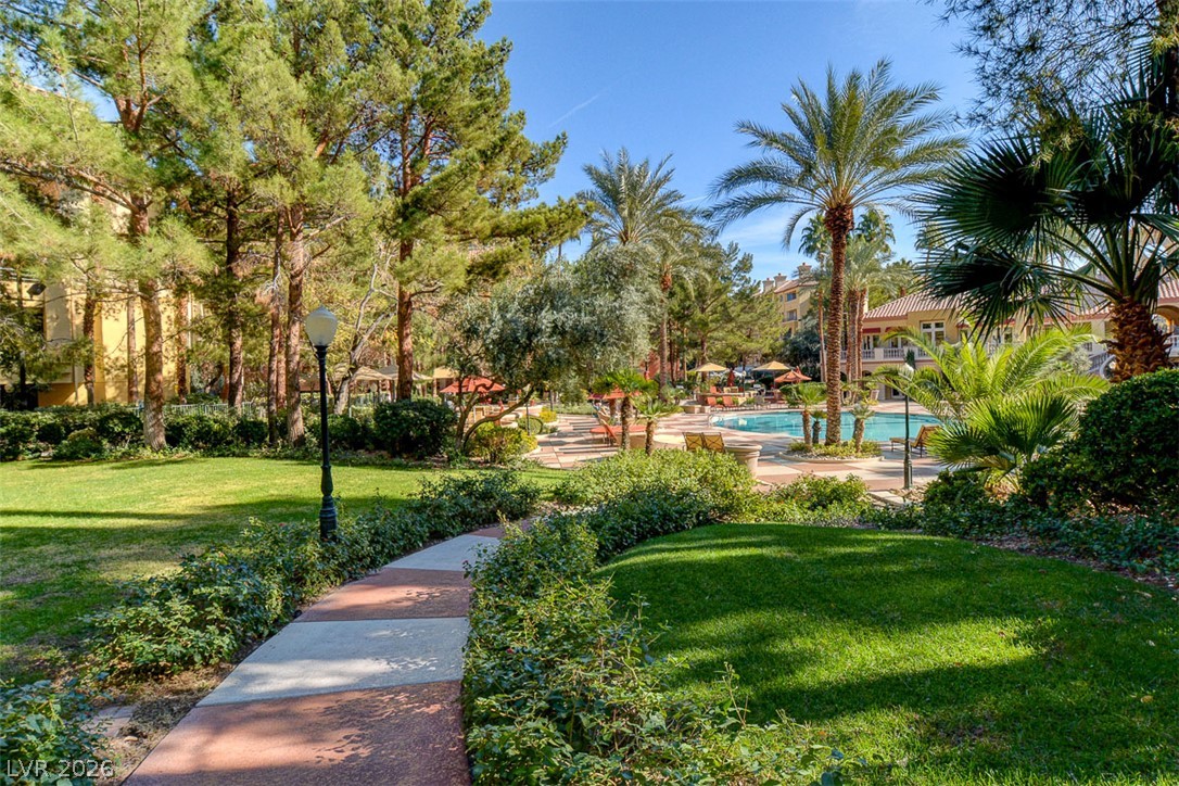 210 East Flamingo Road, Unit 208 Las Vegas, NV 89169 - Photo 3 of 42 A winding path through lush greenery leads to a shimmering pool oasis.