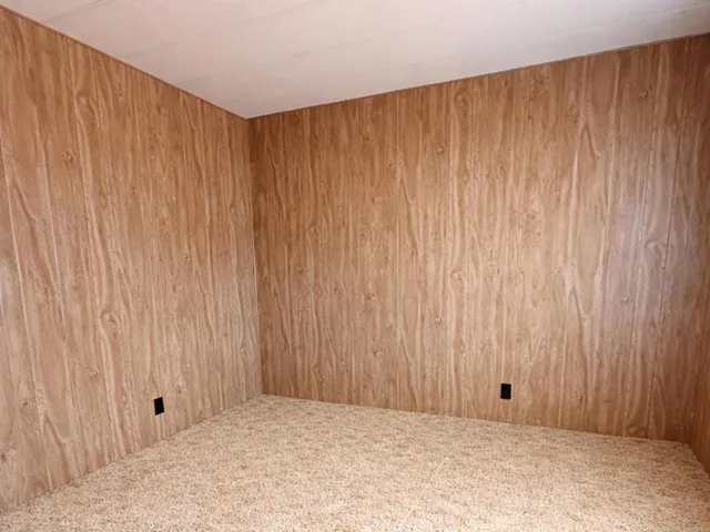 a view of an empty room with wooden wall
