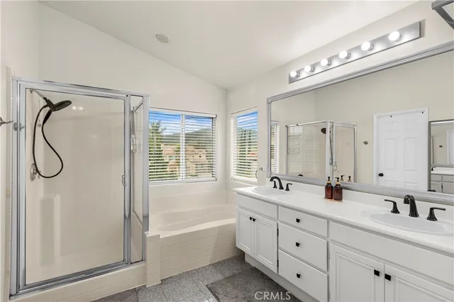 a bathroom with a double vanity sink mirror double and a bathtub