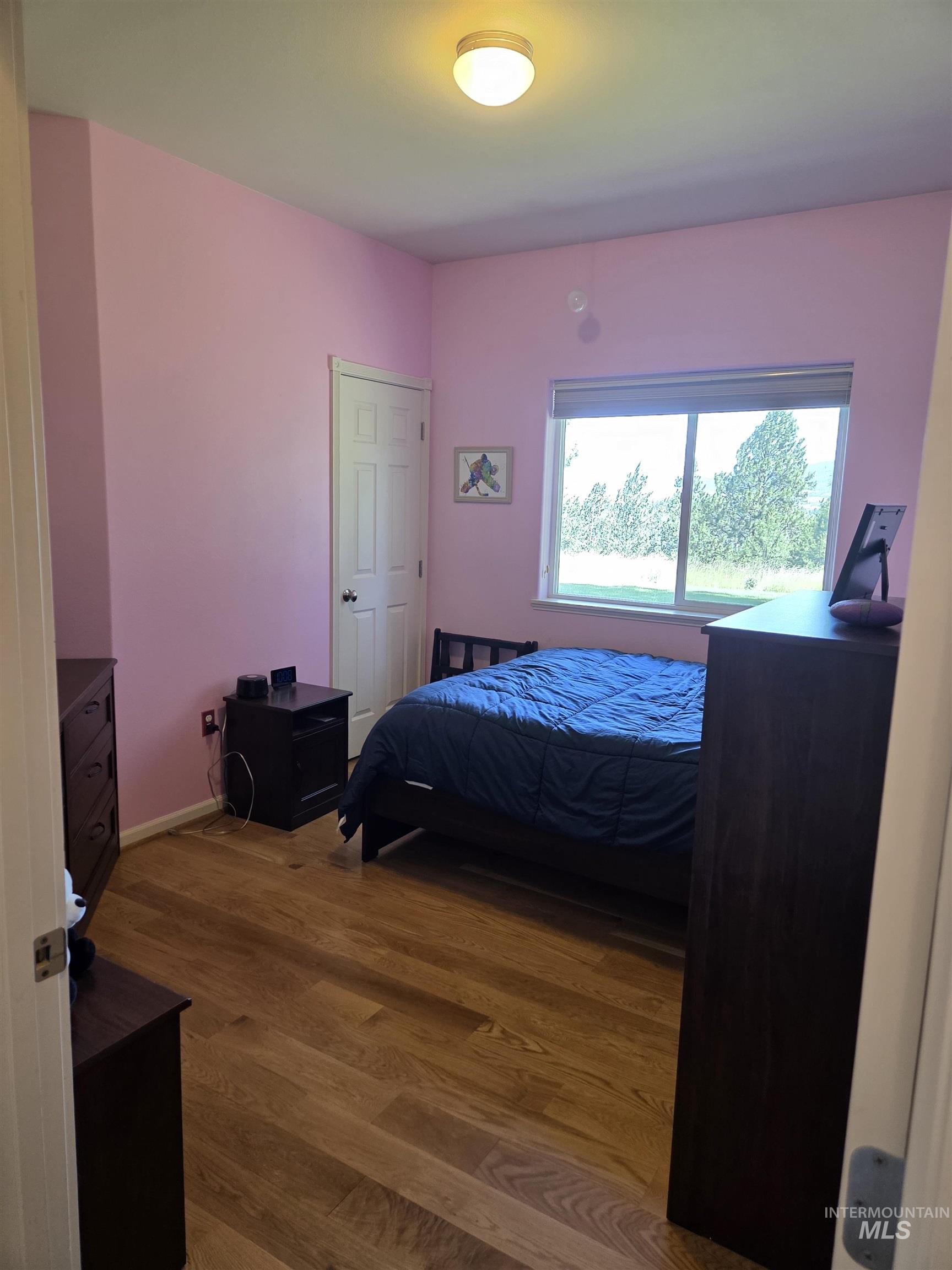 1085 Wallen Road Moscow, ID 83843 - Photo 20 of 50 Bedroom featuring wood-finish flooring, a double-pane window, and a flush mount ceiling light