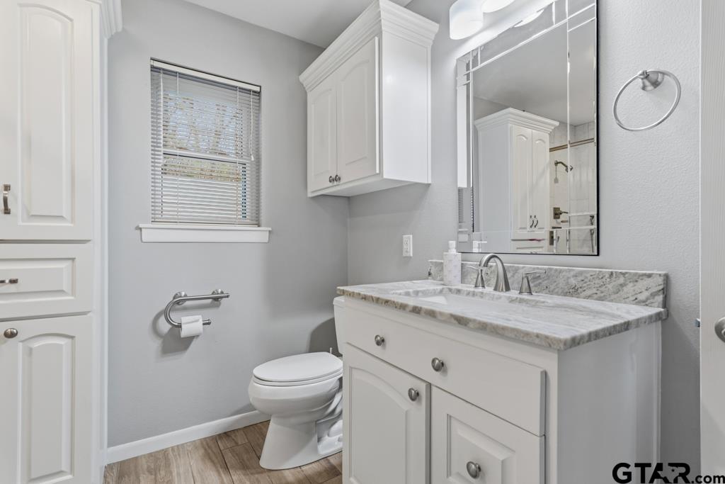 1302 Lake Cross Road Hideaway, TX 75771 - Photo 3 of 31 a bathroom with a granite countertop toilet sink and mirror