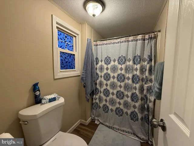 a bathroom with a toilet and a shower curtain
