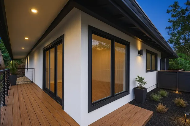 a view of a house with backyard and wooden floor