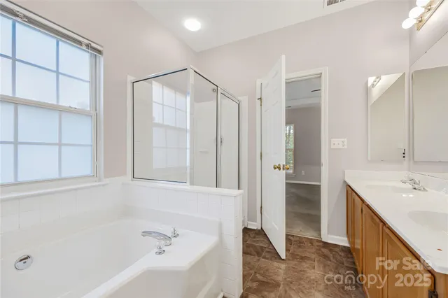 a bathroom with a double vanity sink a mirror and a shower