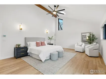 a bedroom with furniture and a wooden floor