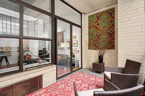 a living room with rug