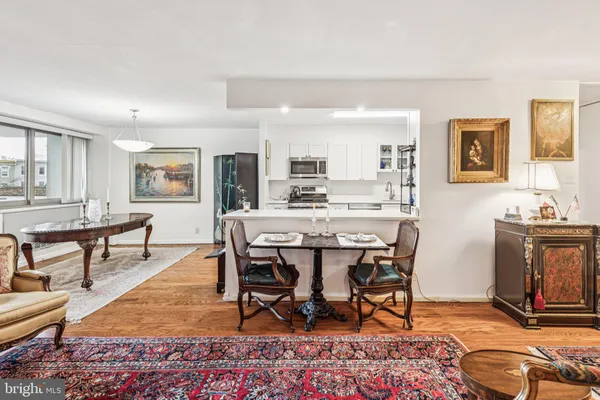 a view of a dining room with furniture