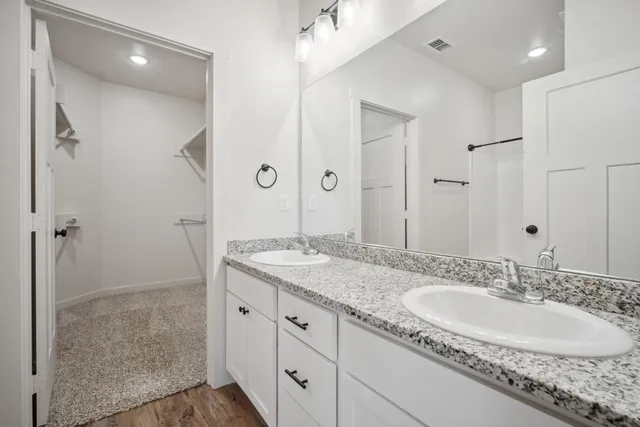 a bathroom with a granite countertop sink shower and a mirror