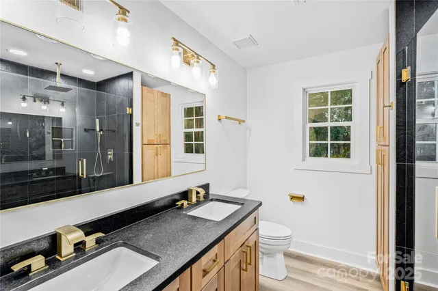 a bathroom with a granite countertop sink a toilet a mirror and shower
