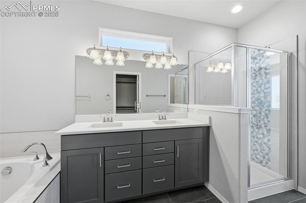9962 Hidden Ranch Court Peyton, CO 80831 - Photo 17 of 48 a bathroom with a double vanity sink and mirror with shower