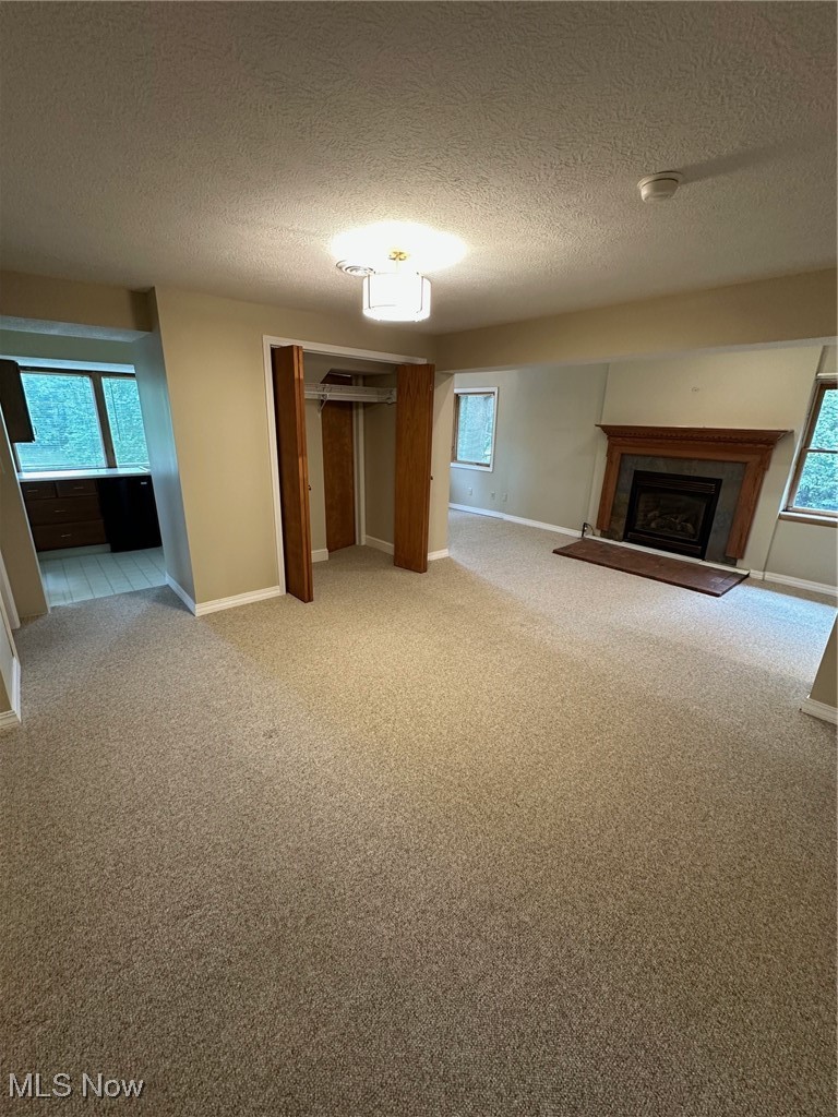 1224 Ridge Road Salem, OH 44460 - Photo 40 of 48 Unfurnished living room with a fireplace with raised hearth, a textured ceiling, and light carpet