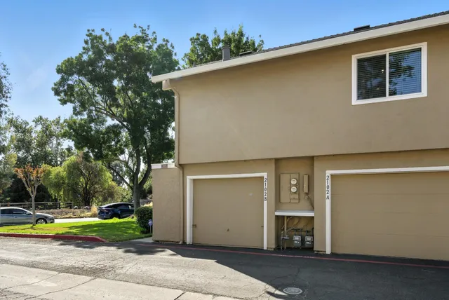 a view of a house with a yard plants and large trees