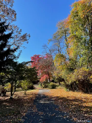 a view of a yard with wooden fence