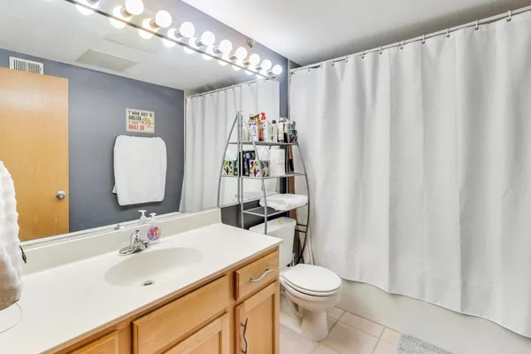 a bathroom with a sink a toilet and shower curtain