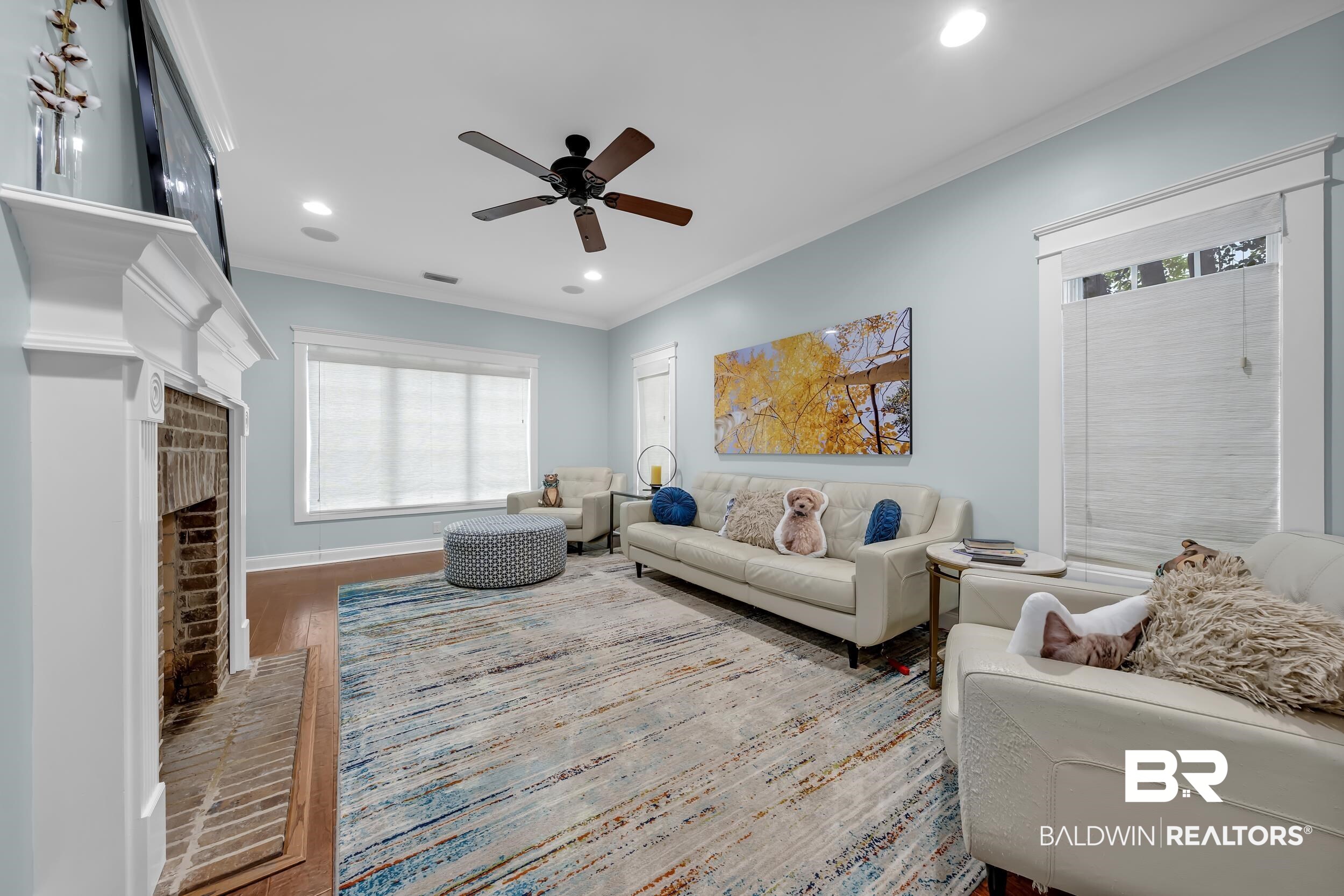 7 Bienville Avenue Mobile, AL 36606 - Photo 7 of 32 Living room featuring ornamental molding, a brick fireplace, a ceiling fan, recessed lighting, and wood finished floors