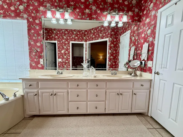 a bathroom with a sink and a large mirror
