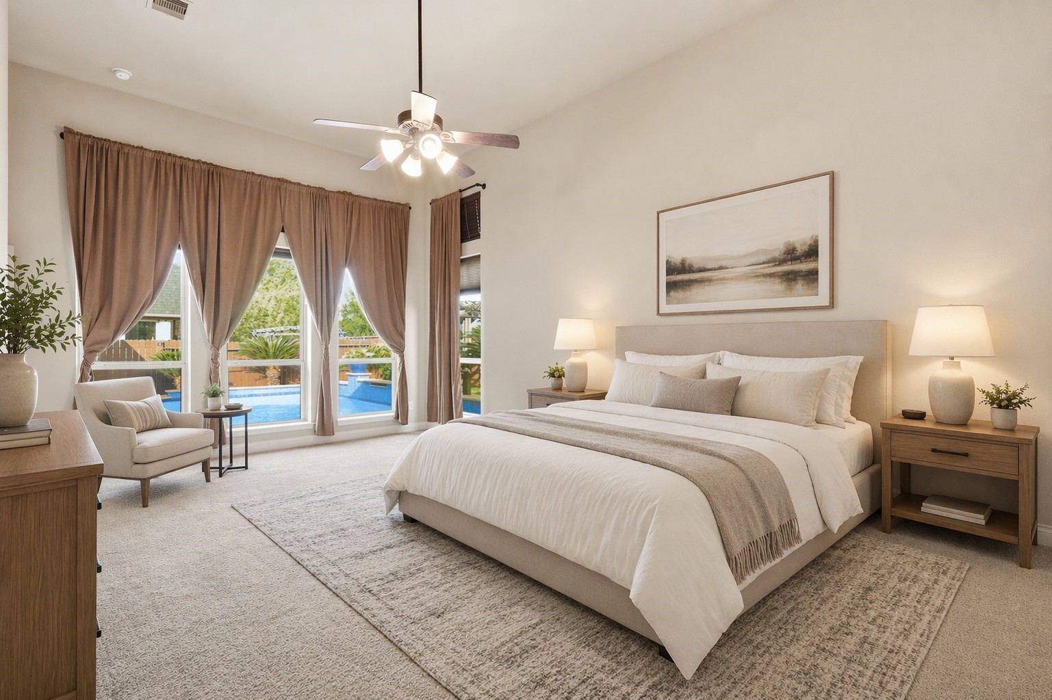 4130 Clover Ridge Lane Sugar Land, TX 77479 - Photo 18 of 48 This virtually staged photo features the spacious primary bedroom with neutral carpeting, high ceilings and large windows with a stunning view of the pool!