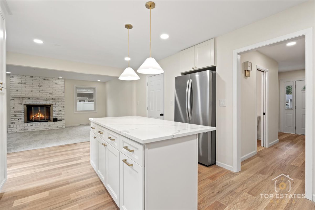 1408 Swallow Street Naperville, IL 60565 - Photo 16 of 54 a kitchen with stainless steel appliances a stove refrigerator and a fireplace