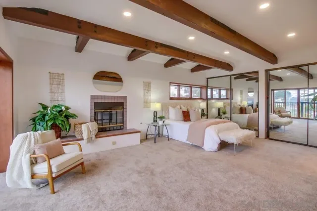 a bed room with furniture and a fireplace
