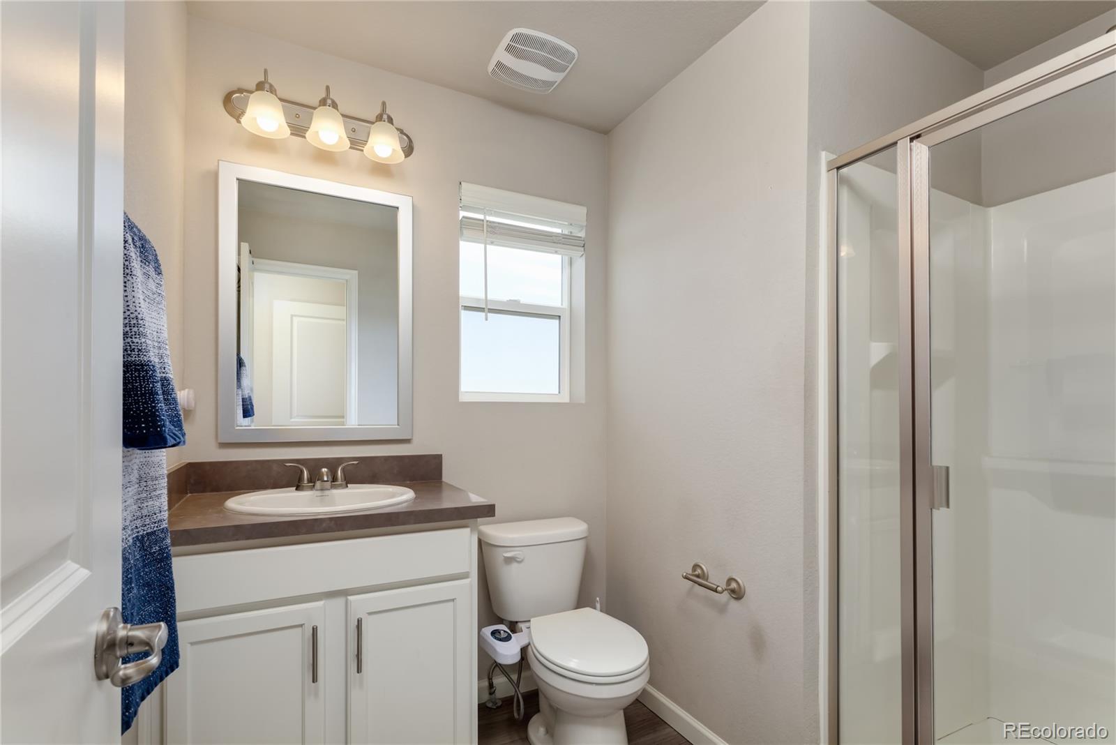 Undisclosed Address Berthoud, CO 80513 - Photo 19 of 26 a bathroom with a sink a toilet a mirror a vanity and shower