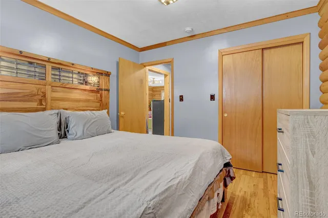 a bedroom with a bed and a cabinet