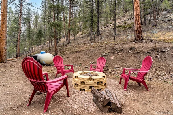 a backyard of a house with table and chairs
