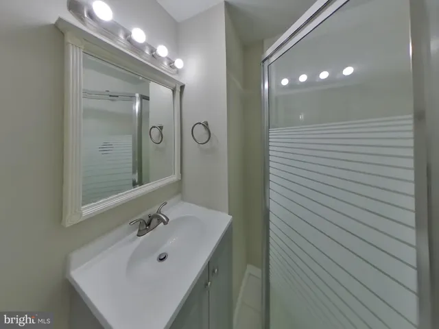 a bathroom with a sink shower and a mirror