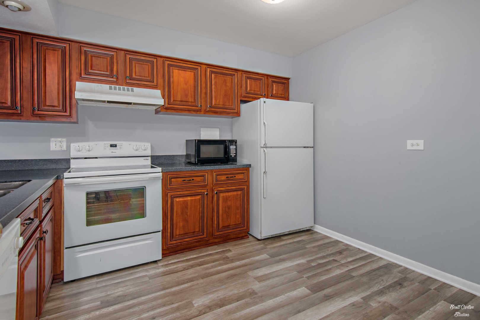 4608 Euclid Avenue, Unit 2B Rolling Meadows, IL 60008 - Photo 6 of 14 a kitchen with wooden cabinets and a stove top oven