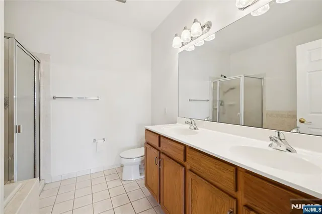 a bathroom with a sink a toilet and a large mirror