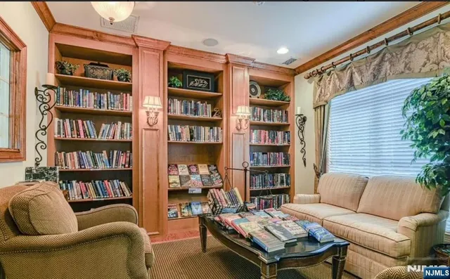 a living room with furniture and a book shelf