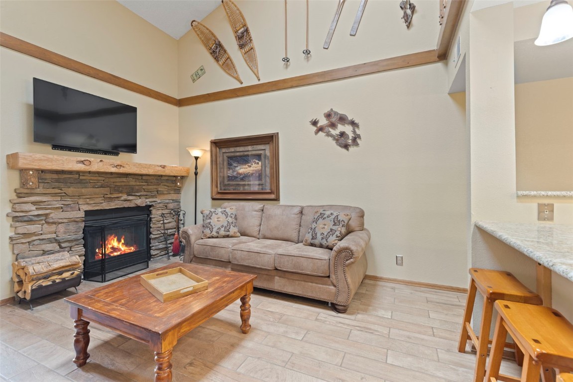 570 Bills Ranch Road, Unit 325 Frisco, CO 80443 - Photo 8 of 30 a living room with furniture a flat screen tv and a fireplace
