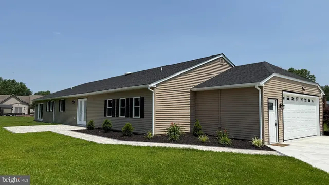 a view of a house with a yard plants and large tree