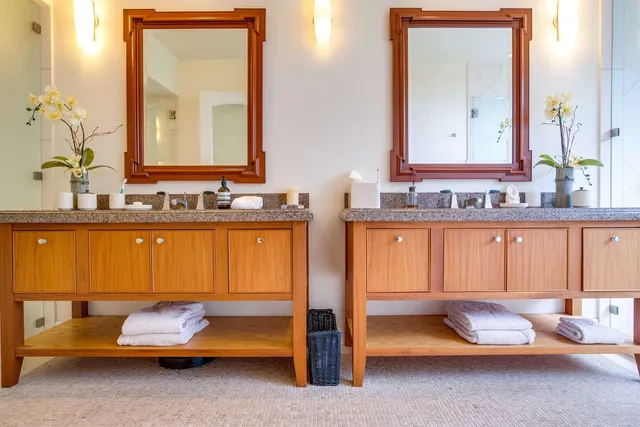 a view of a swimming pool with a garden and palm trees