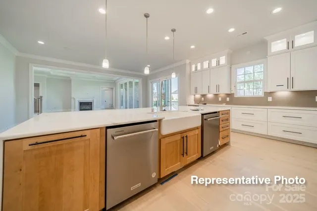 a kitchen with a sink a stove and cabinets