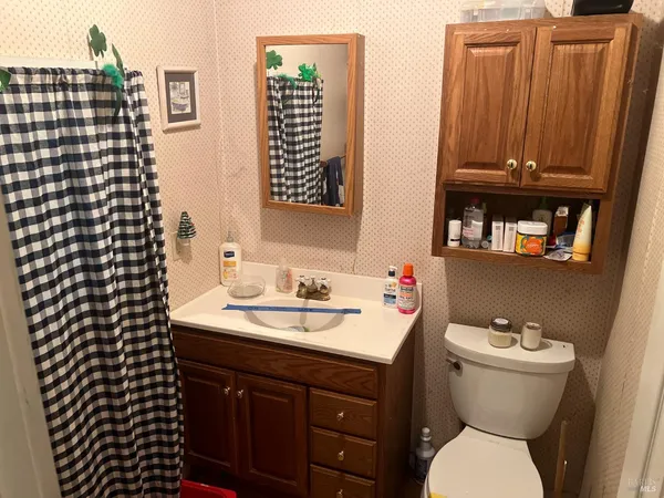 a bathroom with a sink a toilet and shower curtain