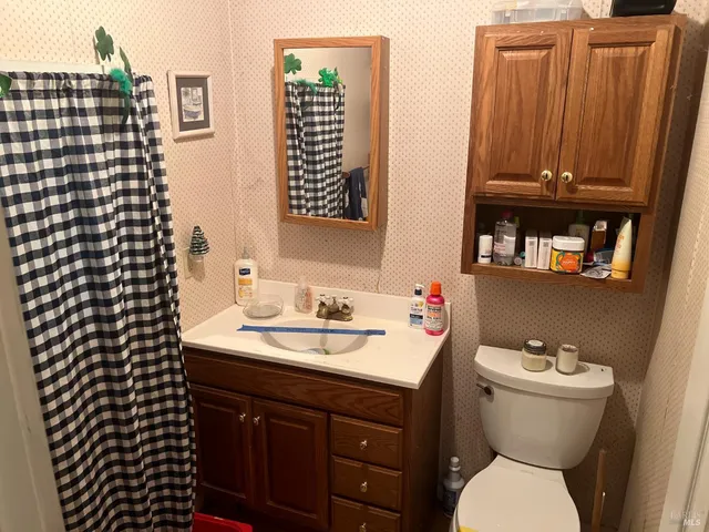 a bathroom with a sink a toilet and shower curtain