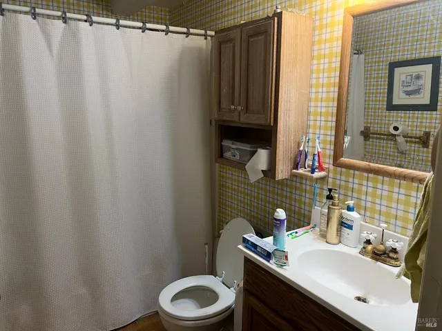 a bathroom with a sink a toilet and shower curtain