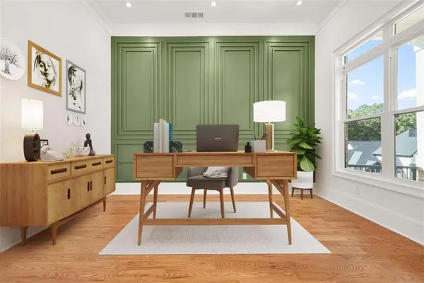 a kitchen with counter top space and cabinets