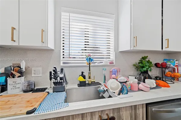 a kitchen with a potted plant on the counter and cabinets