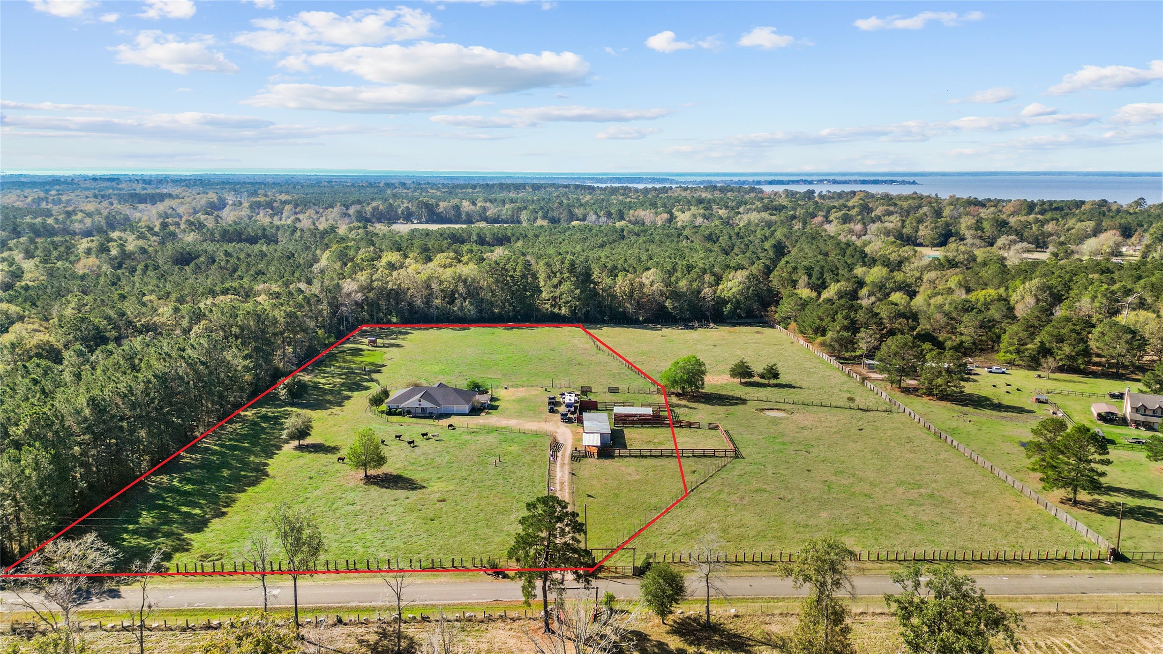 Aerial of Property with Approximate Boundary Shown. Notice the proximity to Lake Livingston, just minutes away.