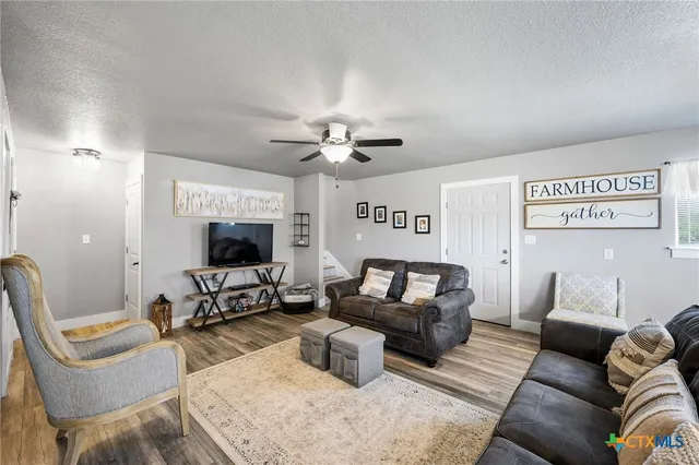 a living room with furniture ceiling fan and a rug